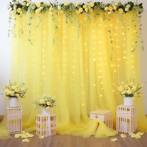 10ft x 8ft Yellow Backdrop Curtain with Lights String for Parties, Sheer Tulle Wedding Photo Backdrops Drapes for Baby Shower Birthday Party Decorations Background for Photography - color: Yellow, size: W5' x H8'(2 panels)