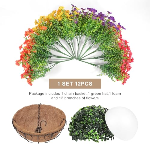 Artificial Faux Hanging Flowers Plants Basket for Outdoors Outside Spring Summer Decoration,Hanging Planters with Silk Fake Flowers Realistic UV Resistant Balcony Porch Garden Patio Home(4 Multicolor) - color: 4 Mix(red+yellow+purple+orange)