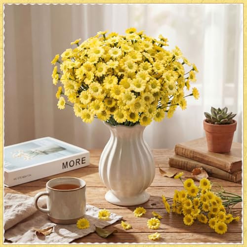 48 Pcs Small Daisy Flowers Artificial 10.6 Inch Fake Daisies Silk Floral Bouquets Spring Wildflowers with Stems Floral Arrangements for Vase Wedding Centerpiece Table Decor(Yellow) - color: Yellow