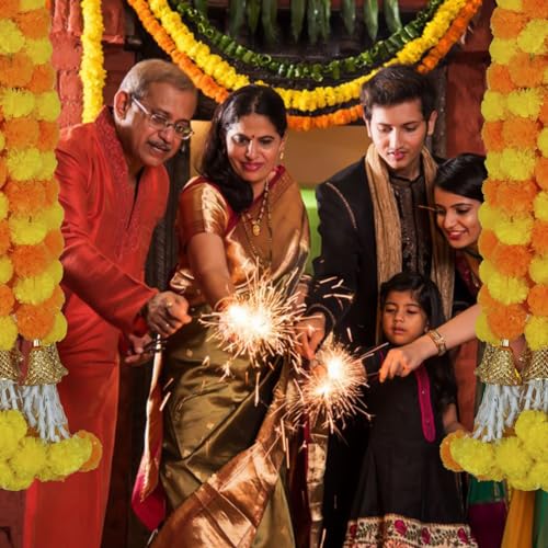 5 Pc 5 feet Long Marigold Garland for Decoration Long Strands Artificial Marigold Flowers | Indian Décor for Pooja | Wedding | Christmas | Diwali Decor (Yellow & Orange)