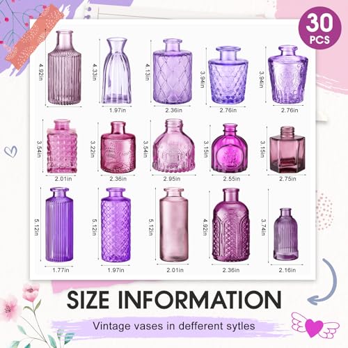 Yaomiao 30 Pcs Vases Bulk Colored Flower Glass Bud Vases Valentine Vintage Colored Glass Bottles Colorful Rustic Embossed for Home Wedding Table Decorations Gifts(Purple Series) - color: Purple Series