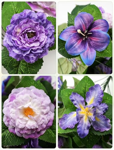 Silk Grave Flowers for Cemetery: 2 Pcs Purple Cemetery Flowers Grave Decorations Spring Easter Mothers Memorial Day - Outdoor Artificial Camellia Bouquets with Vases for Graveside - color: Purple & Lilac
