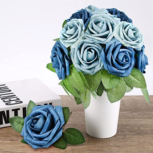 Higfra Artificial Flowers 25pcs Real Looking Dusty Blue Shades Foam Fake Roses with Stems for DIY Wedding Bouquets White Bridal Shower Centerpieces Arrangements Mothers Day Party Tables Decorations - color: Dusty Blue Shades, size: 25Pcs