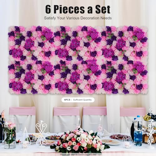 Flower Wall Backdrop 3D Wall Panels, 6Pcs Artificial Flower Wall Panel Silk Rose Floral Decorative Faux Flower Wall Background for Wedding Home Decoration (Pink, Purple,23.6 * 15.7in) - color: Pink, Purple