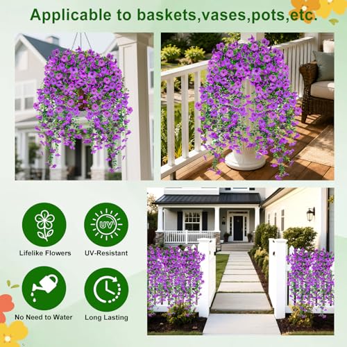 Artificial Hanging Flowers for Outdoors Decorations 2 Pack, Fake Hanging Flowers, UV Resistant Artificial Hanging Plants Outdoors for Home Porch Patio Balcony Baskets Yard(Purple) - color: Purple