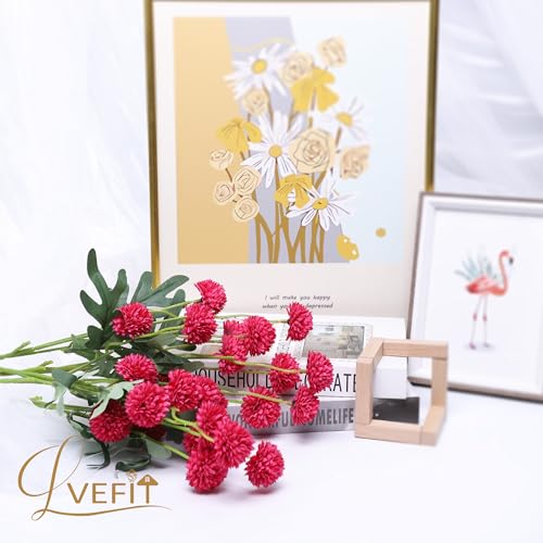 LVEFIT 10 Pcs Hot Pink Kiku Flower Fake Mums Long Stem Flowers,Faux Kiku Flower Bulk,Silk Flowers Mini Chrysanthemum Floral Arrangements,Artificial Flowers Chrysanth Mini Fake Flower - color: Hot Pink