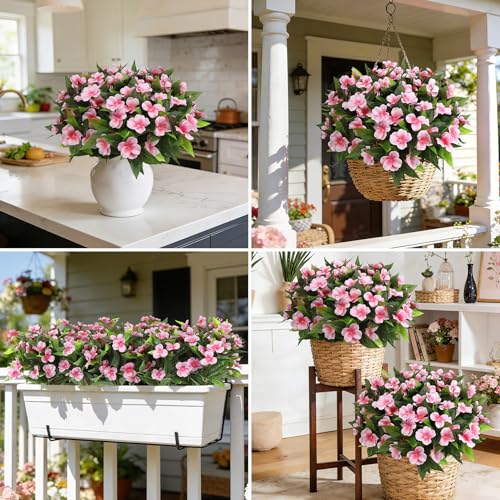 Ouddy Decor 6 Bundles Artificial Impatiens Flowers for Outdoors Decoration, Silk Flowers Bouquet Fake Plants UV Resistant for Spring Summer Garden Porch Window Box Balcony Home Decor, Light Pink - color: Light Pink