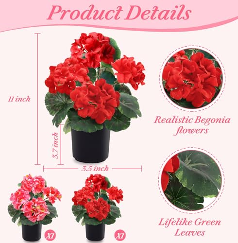 TURNMEON 2 Pack Artificial Geraniums Fake Flowers for Outdoors Summer Decoration, Silk Geraniums Flowers UV Resistant Faux Flower Potted Plants for Gardens Farmhouse Indoor Home Table Decor (Mixed) - color: Red and Rose Red