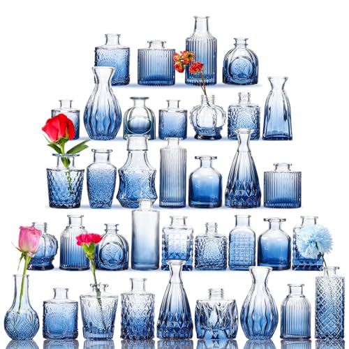Fixwal 36 Blue Bud Vases Glass Bud Vase Set, Small Vases for Flowers, Bud Vases for Centerpieces Mini Flower Vases in Bulk for Rustic Wedding Decorations Vintage Look Home Table Decor (Blue) - color: Blue, size: 36pcs