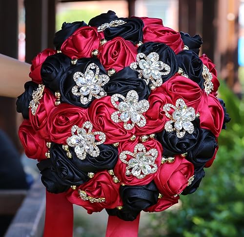 Sharebeauty 9.4" Handmade Satin Rose Bridal Bouquet Toss Round Wedding Bouquet Throw Toss Artificial Flower Bunch Ruby Red + Black - color: 809a Ruby Red/Black, size: 9.4"/24cm
