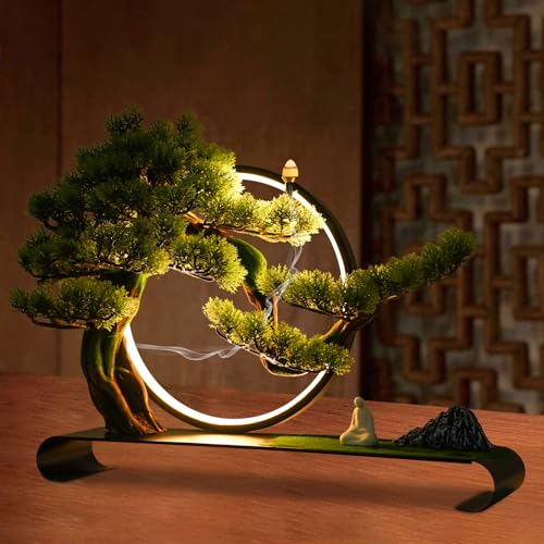 Artificial Bonsai Pine Tree Faux Realistic Simulation Bonsai with Adjustable LED Light, 20.9 * 4.7 * 16.5in USB Artificial Plants Fake Bonsai Tree Welcome Pine Faux for Home Decor