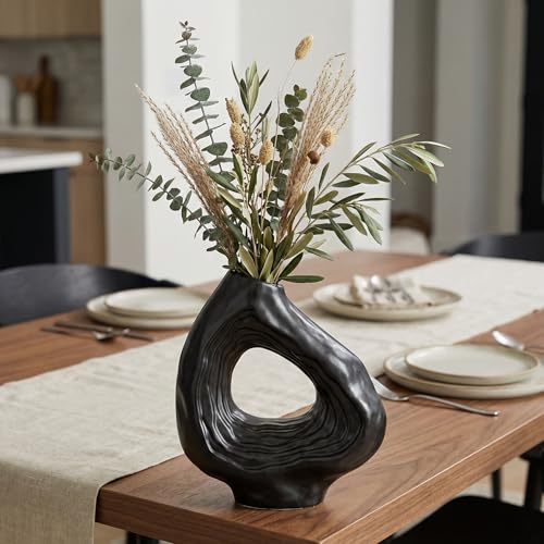 Sunddo 9 Inch Black Ceramic Vase for Modern Home Decor - Donut Decorative Vase for Flowers, Minimalist Boho Style Vase for Living Room, Table Centerpiece - color: Black, size: 9 inch