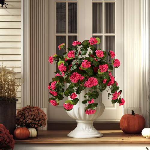 Artificial Geranium Flowers for Outdoor 2 Pcs Artificial Red Flower Fake Flowers with Stems Silk Realistic Look Real Floral Arrangement for Front Door Porch Planter Patio Balcony (2 Pcs Rose Red) - color: 2 Pcs Rose Red