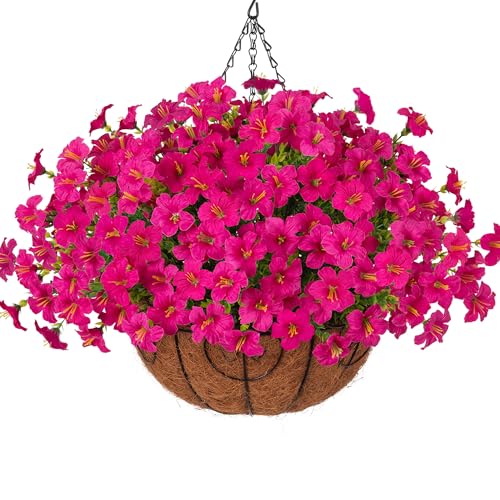 INSPRING Artificial Fake Hanging Flowers Plants Baskets for Outdoors, UV Resistant Outdoor Hanging Faux Silk Petunias in Planter Look Real Morning Glory for Outside Patio Porch Balcony Garden, Fuchsia - color: Fuchsia