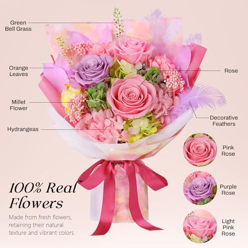 Preserved Flowers Bouquet 3 Roses - Pink Real Rose & Flowers for Delivery, Eternal Roses Bouquet with Gift Box, Anniversary Birthday Valentine Gifts for Women Mom Grandma Her Wife Girlfriend - color: Pink