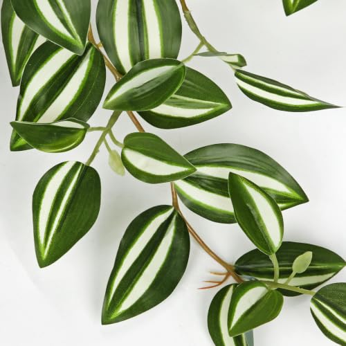 Briful Artificial Potted Plant Indoor, 19.6" Faux Watermelon Peperomia Trailing Plant in Black Pot, Realistic Fake Plants with Cascading Green Leaves for Cabinet Shelf Bathroom Office Desk Home Decor - color: White Green Stripe