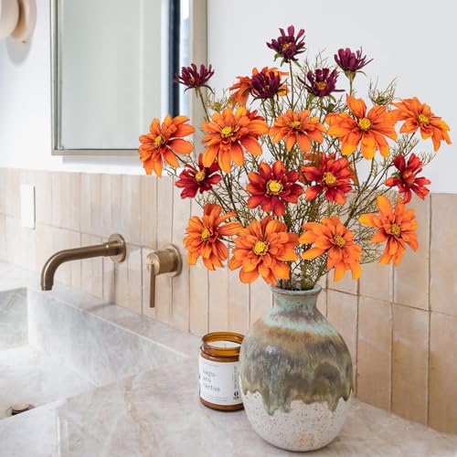 GnFlus Artificial Daisies Orange Flowers Stems 5 Pcs Fake Gerbera Daisies Long Bouquet Faux Florals Gradient 27.5" Boho Decor for Home Table Wedding Centerpieces Thanksgiving - color: Vintage Orange Color