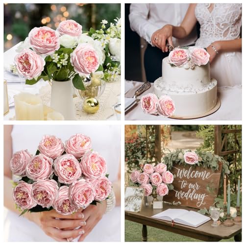 4 Pcs Real Touch Peonies Artificial Flowers, 3.5'' Big Bloom Austin Rose Peony Latex Fake Flower with Stems for Wedding Bouquet Party Valentines Arrangement Home Kitchen (Light Pink) - color: Light Pink