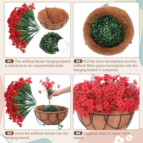 Beeveer 2 Pack Artificial Hanging Flower Basket for Outdoor Decoration Faux Orchid Hanging Plants with Coconut Lining Basket Fake Arrangement for Porch Courtyard Decor(Red, 2 Pack) - color: Red