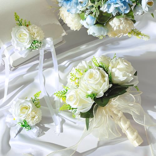 Set of 6 White Bridesmaid Bouquets Artificial Silk Flowers Wedding with 6 Boutonnieres & 6 Wrist Corsages Rose Bridal Party Decor Prom Anniversary