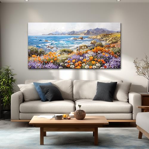 ZUITINGHUA Large Wall Decor For Living Room Canvas Wall Art For Office Modern Wall Decorations For Bedroom Seascape Landscape Painting Coastal Wildflower Pictures Artwork Room Home Decor 24x48 In - color: Coastal Wildflower Seascape, size: 48"L x 24"W