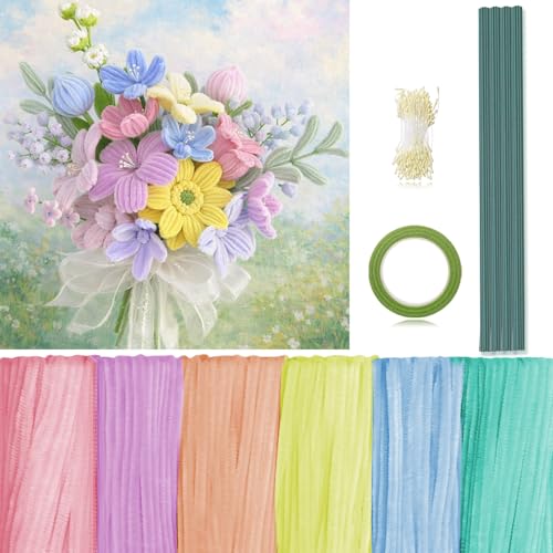 Peryiter 371 Pcs Pipe Cleaners Flowers Kit, Pipe Cleaners Chenille Stems Bulk with Floral Wire Gardening Tape Stamen, Fluffy Limpiapipas para Flores for DIY Mother's Day Decor(Macaron Color) - color: Macaron Color