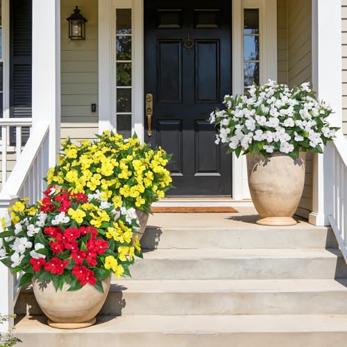 Artificial Flowers for Outdoors Decorations, 6 Bundles Realistic Impatiens Silk Faux Flowers UV Resistant Fake Plants for Outside Pot Patio Garden Porch Planters Window Box Balcony Indoor Home Decor - color: Multi Color