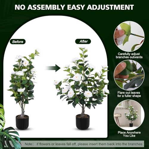 Hananona 2 Pcs Artificial Camellia Trees Faux Camellia Plant in Pot with Flowers Indoor Plants for Spring Home Decor Outdoor Porch Front Door Decor (White, M) - color: White