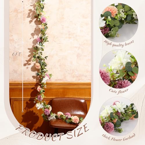Giegxin 1 Pack 6 ft Artificial Flower Garland with Dahlias and Chrysanthemum Dusty Pink Summer Eucalyptus Greenery Garland for Wedding Porch Stair Table Centerpieces Baby Shower Birthday Decor - style: Chrysanthemum
