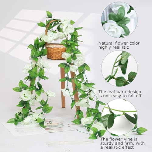 4Pcs Artificial Rose Vines Fake Flowers Garland with Green Leaves Faux Hanging Floral Plants for Home Bedroom Garden Decor,Christmas Anniversary Wedding Birthday Party Decoration (White) - color: White, size: 4Pcs-large rose
