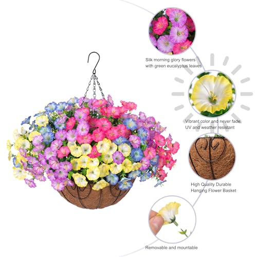 Artificial Faux Hanging Plants Flowers Basket for Outdoors Spring Summer Decoration, Silk Morning Glory Eucalyptus Look Real UV Resistant Fake Flowers for Porch Outside Patio Balcony Yard Home Garden - color: Multi-color (Purple, Pink, Blue, Yellow)
