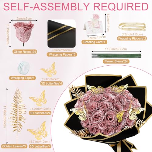 Glitter Roses - Fake Glitter Flowers Bouquet DIY Crafts Eternal Floral with Stems Butterfly Cards for Anniversary Birthday Valentines Engagement - 24 Pack, Dusty Pink - color: Dusty Pink