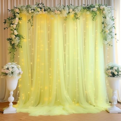 10ft x 8ft Yellow Backdrop Curtain with Lights String for Parties, Sheer Tulle Wedding Photo Backdrops Drapes for Baby Shower Birthday Party Decorations Background for Photography - color: Yellow, size: W5' x H8'(2 panels)
