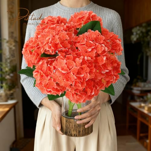 A Bunch 20in, Real Touch Hydrangea Artificial Flowers, with 5pcs Flower Head 8pcs Leaves, Faux Hydrangea Flowers for Home Office Decor Wedding Party Arrangements (1, Orange-red) - color: Orange-red, size: 1 Bunch