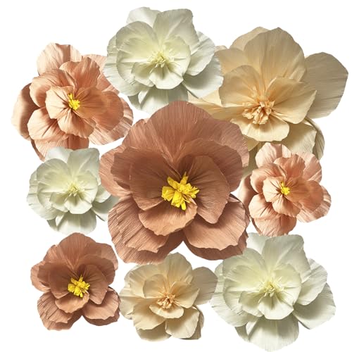 BRT Bearingshui Crepe Paper Flowers Decoration for Wall Total 9 Pcs, Artificial Flowers for Wedding Decor,Flower Backdrop Decor, Baby Bridal Shower Birthday Party, Pink Peach Beige 3D Wall Flowers - color: Pink Biege Peach