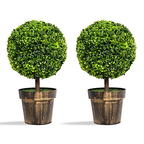 Goplus 22" Tall Artificial Boxwood Topiary Ball Tree, 2 Pack Faux Round Shrubs Bushes Decoration, Fake Potted Plants for Front Porch Indoor Outdoor Home Decor - color: Green