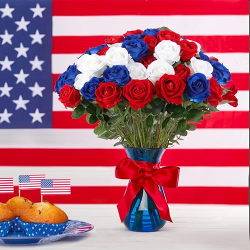 Hananona 50 Pcs Artificial Roses in Bulk, Fake Velvet Silk Roses Realistic Roses for 4th of July Wedding Centerpieces Independence Day Patriotic Flower Arrangement Home Decor (50, Red, White, Blue) - color: Red, White, Blue