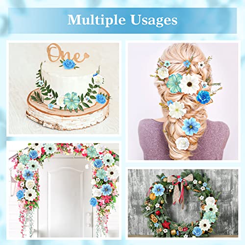 Cindeer 217 Pcs Mini Silk Flower Heads Bulk, Small Fake Flowers for Crafts Artificial 3D Loose Fabric Flower for Crafts DIY Wedding Party Hair Cap Dresses Decorations(Blue Series) - color: Blue Series