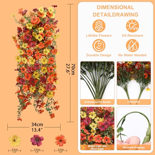 Hommyea Artificial Hanging Flowers for Outdoors, 2 Pcs Fake Hanging Plant Fall Decor, UV Resistant No Fade Faux Silk Daisy Flower for Planter Front Door Porch Patio Yard Garde - color: Orange,brown,yellow