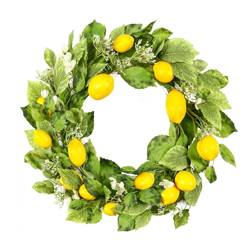 YNYLCHMX 20" Wreaths for Front Door, Artificial Floral Lemon Wreath with Green Eucalyptus Leaves, Green Foliage Wreath for Wall Window Farmhouse Party Holiday Home Decor - color: Lemon