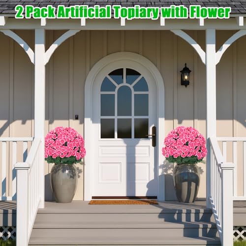 Yangrass Artificial Topiary Pink Flowers for Outdoors, Fake Bushes Topiary Ball Trees Set of 2 with Ground Spikes, Lifelike UV Resistant Faux Plants for Front Porch Garden Patio Decor - color: Pink Crabapple Blossoms