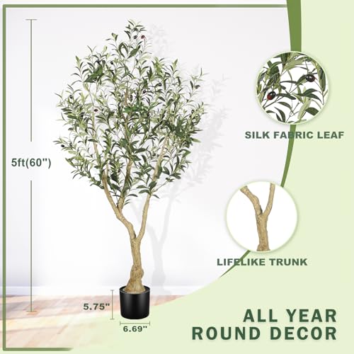 LYERSE Olive Tree 5ft - Olive Trees Artificial Indoor - Faux Olive Tree 5ft with Large Olive Branches and Lifelike Fruits - Fake Olive Tree for Modern Home Office House Living Room Decor - size: 5ft