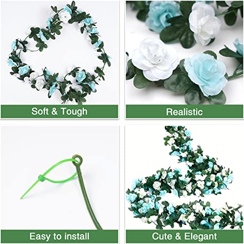 BLEUM CADE 5Pcs 41Ft Flower Garland Artificial Rose Vines with 32.8Ft String Lights, Cute Fake Hanging Flower Vines Floral Garland Decorations for Wedding Party Wall Room Decor Aesthetic - color: Blue & White With Lights, size: 5 Pcs