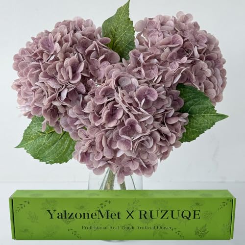 YalzoneMet 3 Pcs Vintage Mauve Hydrangea Artificial Flowers Gray Purple 21'' Real Touch Latex Hydrangea Faux Flowers for Party Home Kitchen Bedroom Tables Centerpieces Fall Decor - color: Mauve