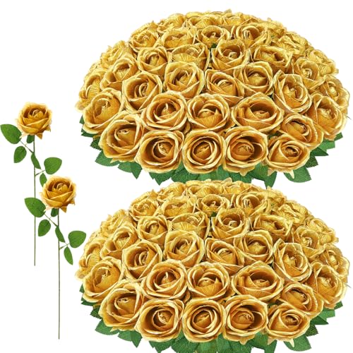 72 Pcs Artificial Roses Gold Fake Silk Roses Realistic Roses Faux Flower Indoor Wedding Home Decor, Birthday Decorations - color: Gold