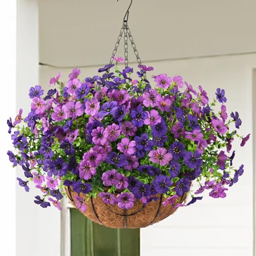 Artificial Faux Hanging Baskets Flowers Plants for Outdoor Spring Decoration, Fake Silk Daisy Outside Indoor UV Resistant Look Real Yard Patio Front Porch Garden Balcony Home Decor(Double Purple) - color: Double Purple