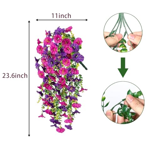 4PCs Hanging Morning Glory UV Resistant Artificial Outdoor Flowers,Faux Flowers for Planters,Hyeflora Cascading Plants Garden,Wedding,Patio,Home Decor,Porch,Yard(Purple Red,2 Bunches/4Pcs) - color: Purple Red, size: 2 Bunches/ 4Pcs