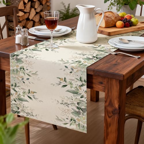Larponder Summer Eucalyptus Table Runner, 13x108 Inch | Table Decoration for Seasonal Anniversary Holiday Kitchen Dinning Table Home Party Decor - color: Eucalyptus, size: 13" x 108" (Rectangular)