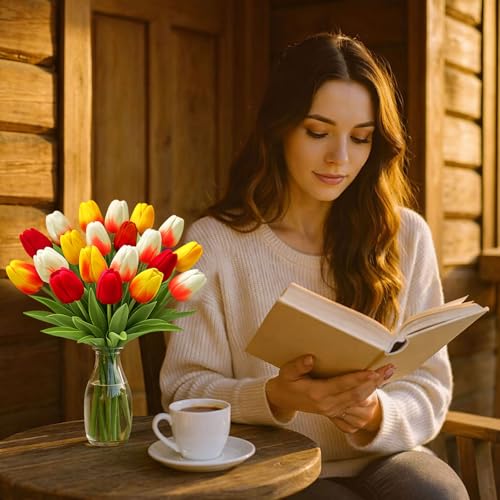 20 Pcs Tulips Artificial Flowers, 13.5'' Real Touch PU Fake Flowers Bouquet for Home Party, Spring Wedding Floral Arrangement, Valentine's, Easter and Mother's Day Decor (Red,Sunset,White) - color: Red,sunset,white