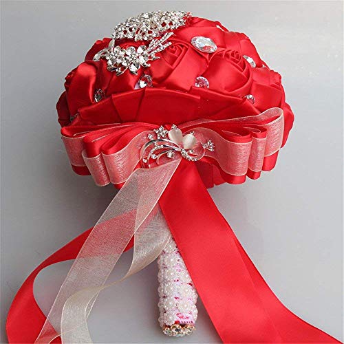 Wedding Bouquets Crystal Satin Rose Bride Bridal Bouquet Romantic Bridesmaid Holding Flower for Valentine's Day Confession Party Church Decor (Red) - color: Red